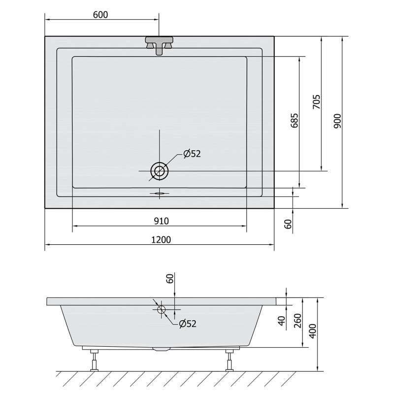 Polysan DEEP hlboká sprchová vanička s konštrukciou, obdĺžnik 120x90x26cm, biela 72392