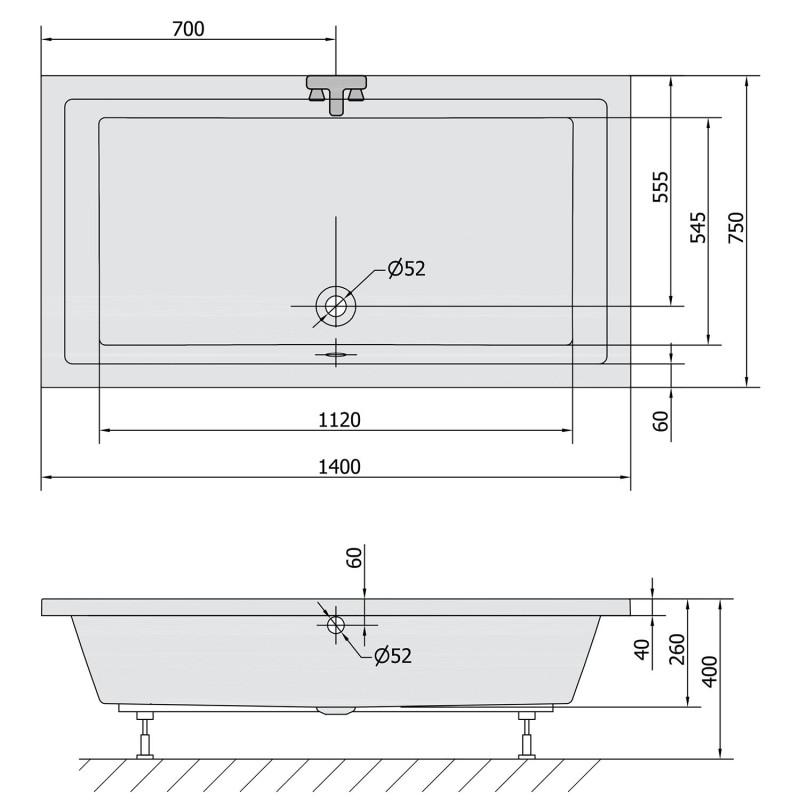 Polysan DEEP hlboká sprchová vanička s konštrukciou, obdĺžnik 140x75x26cm, biela 72948