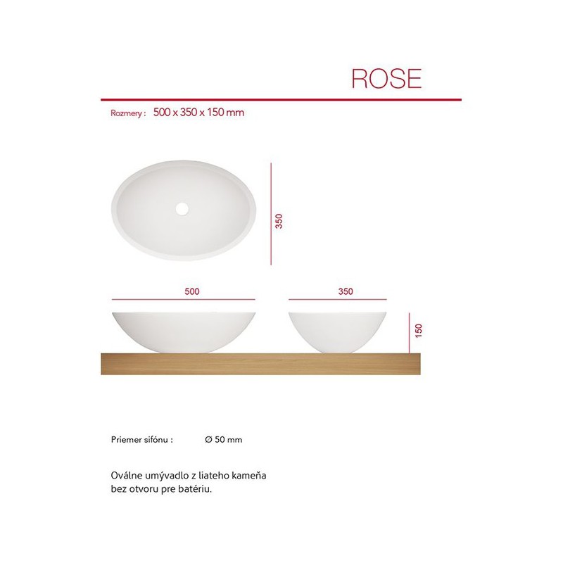 AQUATEK ROSE 50 x 35cm umývadlo na dosku oválne, liaty mramor, matné biele, ROSE