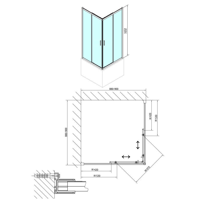 Polysan CARMEN štvorcová sprchová zástena 900x900x1650mm, číre sklo MD5116