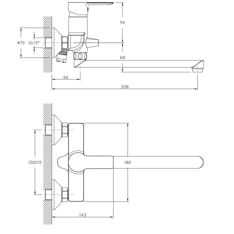 Bruckner BARON nástenná umývadlová/vaňová, rozteč 150mm, hubica 338mm, chróm 612.025.1