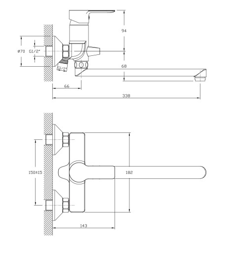 Bruckner BARON nástenná umývadlová/vaňová, rozteč 150mm, hubica 338mm, chróm 612.025.1