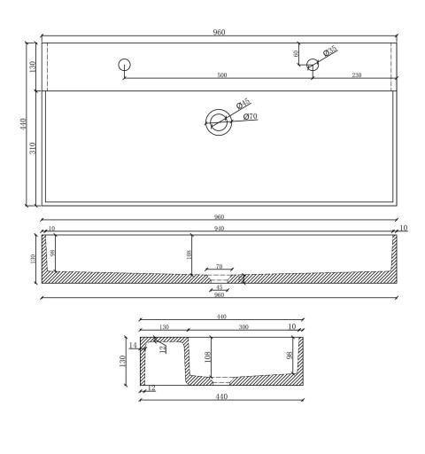 Sapho QUADRADO betónové umývadlo vrátane výpusti, 96x44 cm, 2 otvory, biely pieskovec AR475