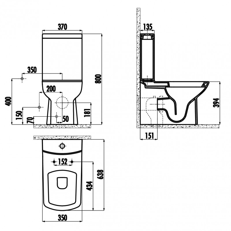 Sapho LARA WC kombi, spodný/zadný odpad, splachovací mechanizmus, čierna matná LR360