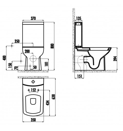 Sapho LARA WC kombi, spodný/zadný odpad, splachovací mechanizmus, čierna matná LR360