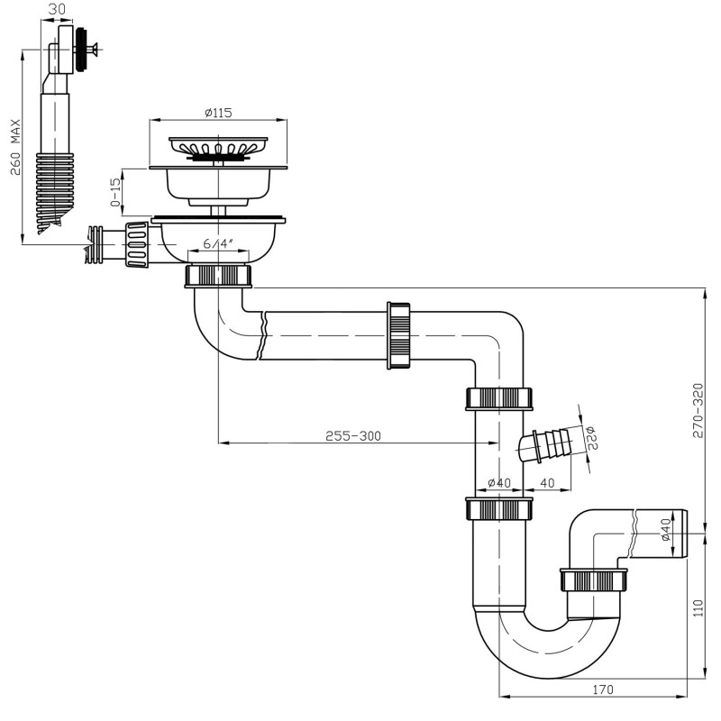 Bruckner Drezový sifón šetriaci miesto s prepadom a odbočkou 1"1/2, vrátane pilety, odpad 40mm, biela 155.127.0