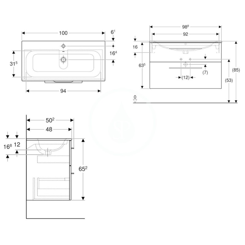 Geberit Umývadlová skrinka 635x988x480 mm, s umývadlom, 2 zásuvky, lávová mat Selnova Square 501.245.00.1