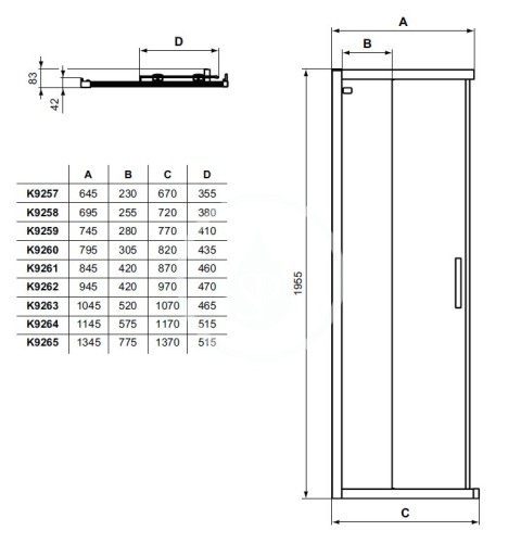 Ideal Standard Posuvné sprchové dvere, dvojdielne, 900 mm, čierna/číre sklo K9261V3