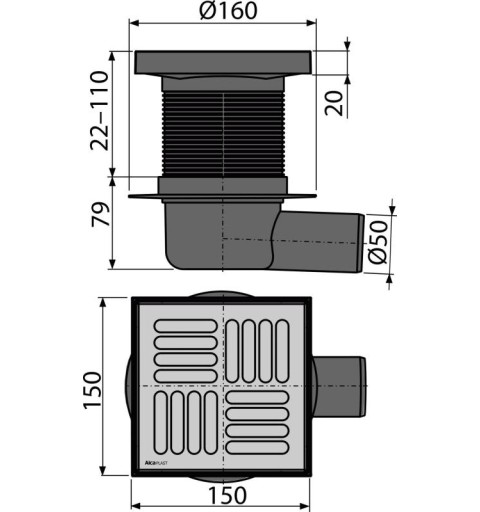 Alcaplast Podlahová vpusť 150×150/50 mm bočná, mriežka nerez, vodná zápachová uzávera APV5411