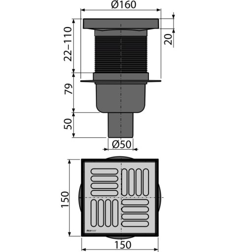 Alcaplast Podlahová vpusť 150×150/50 mm priama, mriežka nerez, vodná zápachová uzávera APV6411
