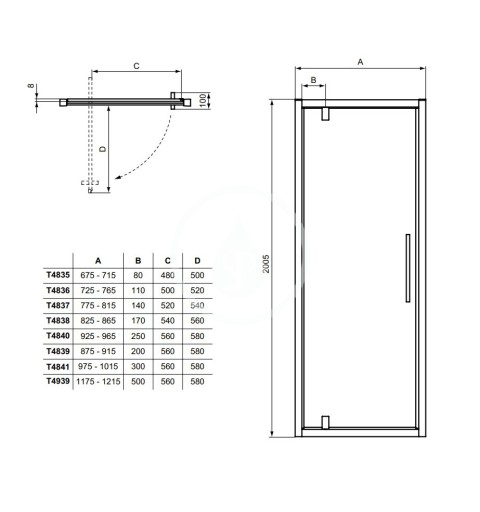 Ideal Standard Pivotové sprchové dvere 900 mm, silver bright/číre sklo T4839EO