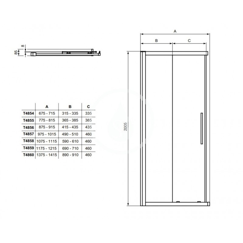 Ideal Standard Posuvné sprchové dvere, dvojdielne, 700 mm, silver bright/číre sklo T4854EO