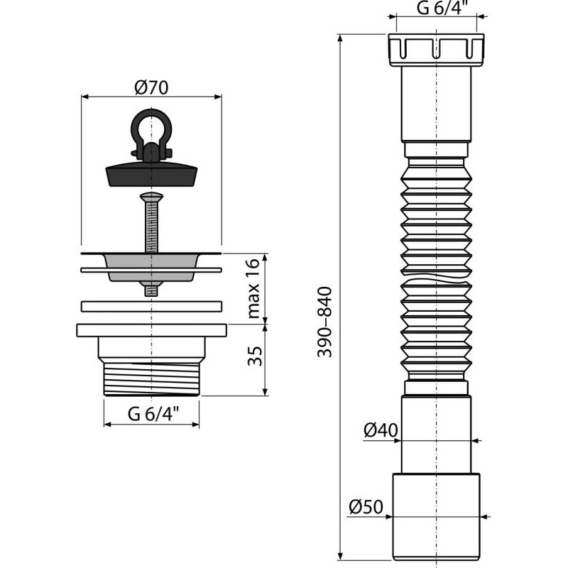 Alcaplast Flexi pripojenie 6/4"×40/50 plast + Výpusť drezová 6/4" s nerezovou mriežkou DN70 A770+A33