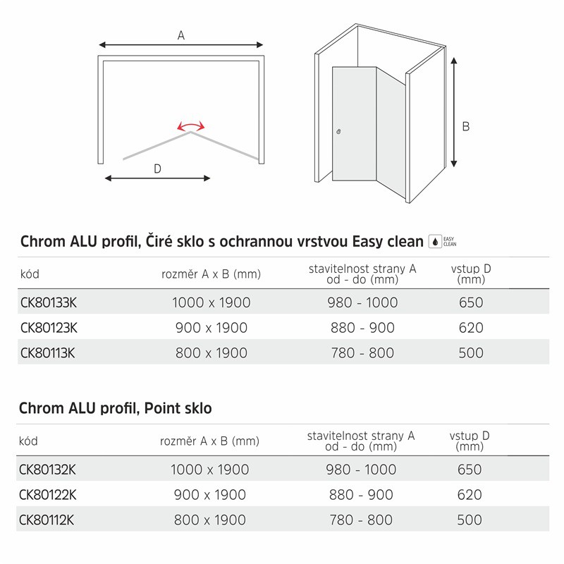 Mereo Sprchové dvere LIMA, zalamovacie, 80x190 cm, chróm ALU, sklo Point 6 mm CK80112K