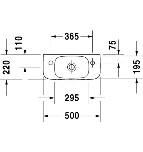 Duravit Umývadielko, 500x220 mm, bez prepadu, s otvorom na batériu vpravo, WonderGliss, biela 07135000081