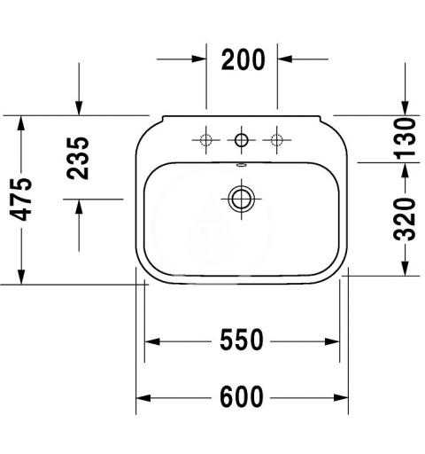 Duravit Umývadlo, 600x475 mm, s prepadom, s otvorom na batériu, s WonderGliss, biela 23166000001