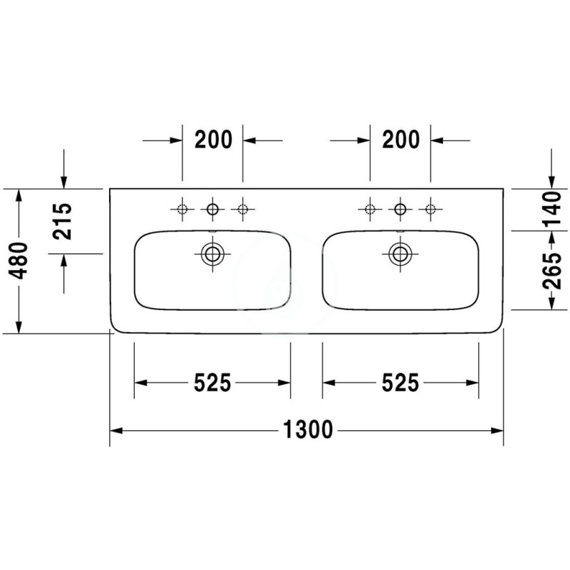 Duravit Dvojumývadlo nábytkové 1300x480 mm, s 1 otvorom na batériu, biela 2338130000