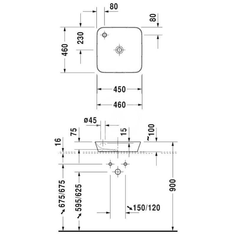 Duravit Umývadlová misa 460x460 mm, 1 otvor na batériu, DuraCeram, s WonderGliss, matná biela 23404632001