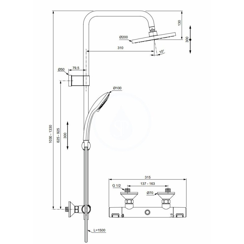 Ideal Standard Sprchový set s termostatom, 300x200 mm, 3 prúdy, chróm A7701AA