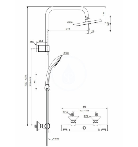 Ideal Standard Sprchový set s termostatom, 300x200 mm, 3 prúdy, chróm A7701AA