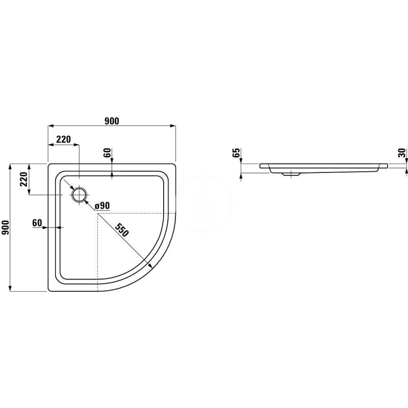 Laufen Sprchová vanička štvrťkruh, 900 mm x 900 mm – s protihlukovými podložkami, biela H2150180000401