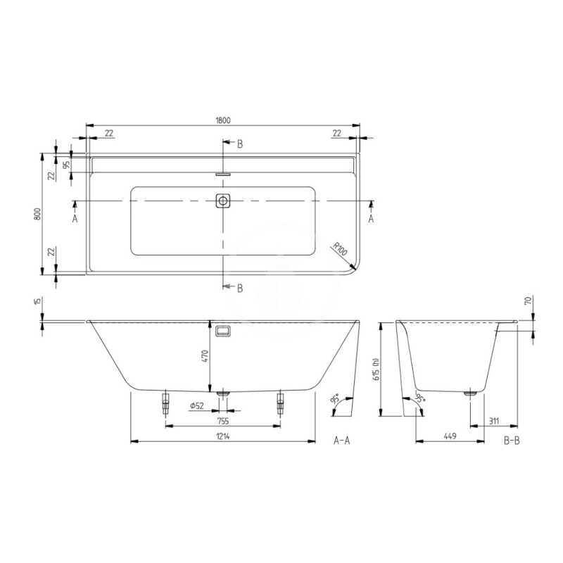 Villeroy & Boch Vaňa 1800x800 mm s panelom, odtokovou a prepadovou súpravou, biela UBA180COR9CL00VD01
