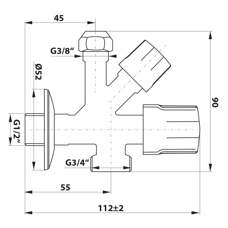 Bruckner Rohový ventil pračkoroháčik so spätným ventilom 3/8"x3/4"x1/2", chróm