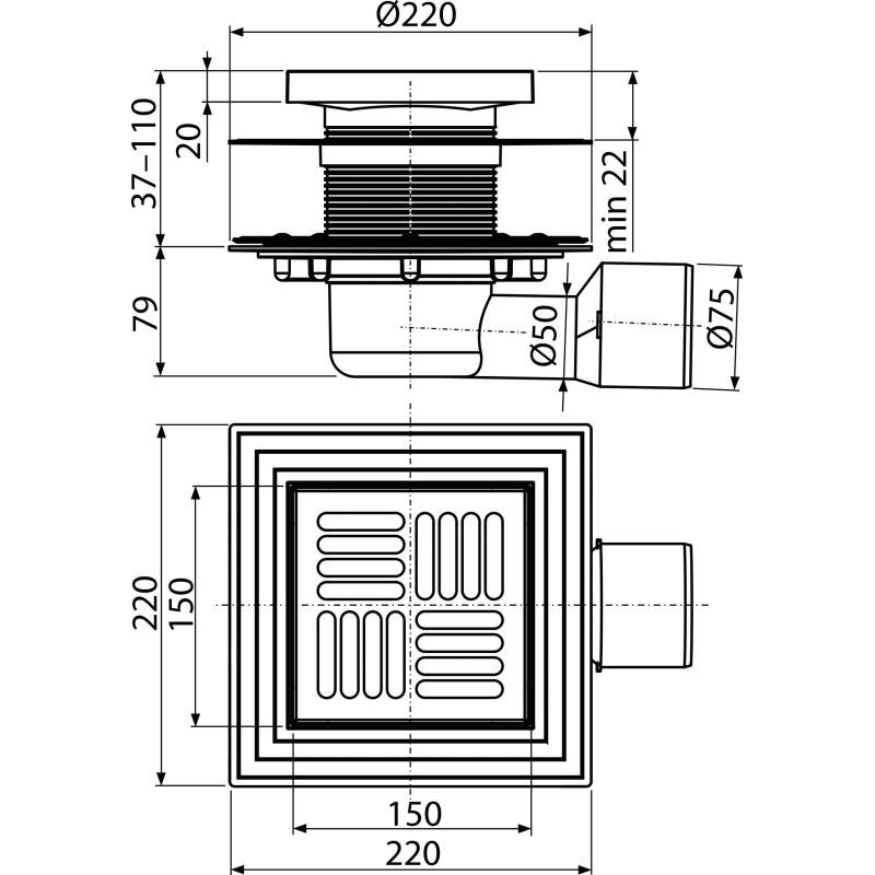 Alcaplast Podlahová vpusť 150×150/50/75 mm bočná, mriežka nerez, nerezová príruba a límec 2. úrovne izolácie, vodná 