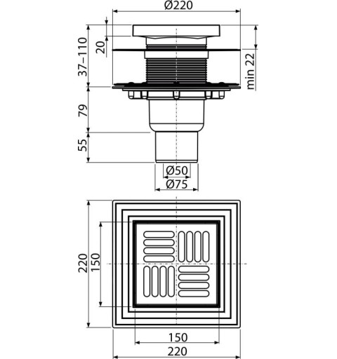 Alcaplast Podlahová vpusť 150×150/50/75 mm priama, mriežka nerez, nerezová príruba a límec 2. úrovne izolácie, vodná a