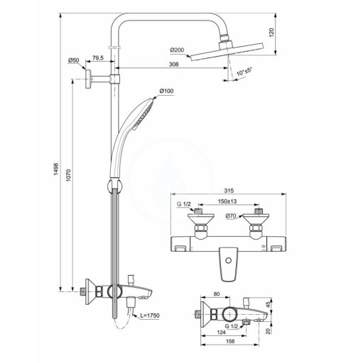 Ideal Standard Sprchový set s vaňovým termostatom, priemer 200 mm, 3 prúdy, chróm A7590AA