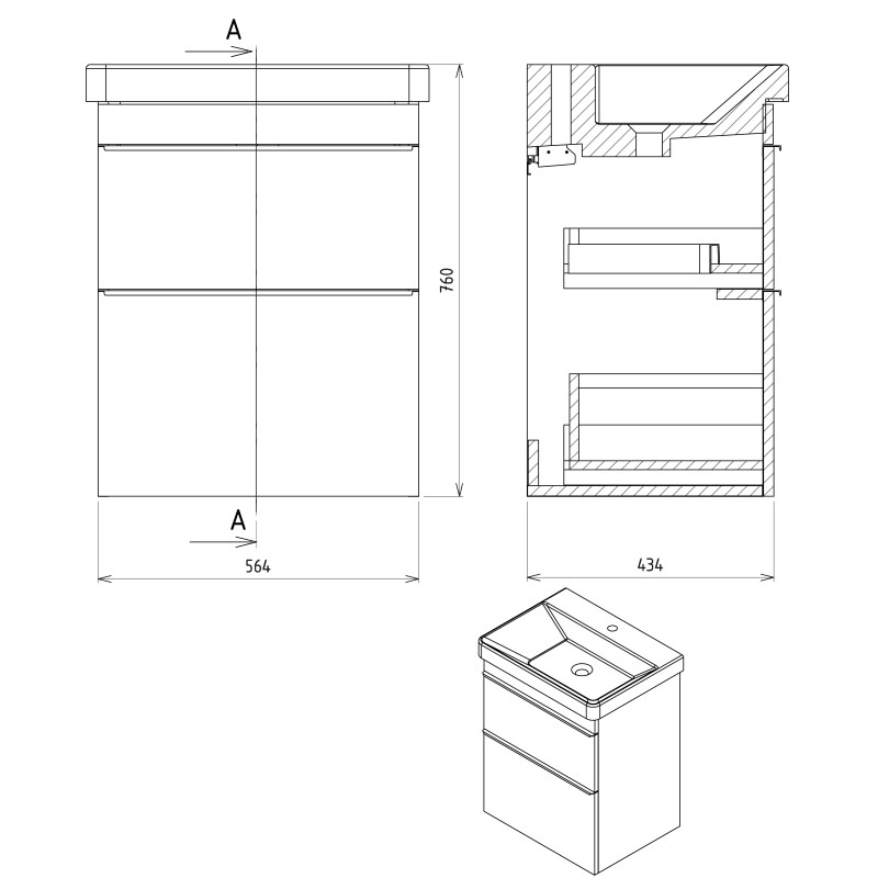 Sapho SITIA umývadlová skrinka 56,4x70x43,4cm, 2x zásuvka, biela matná