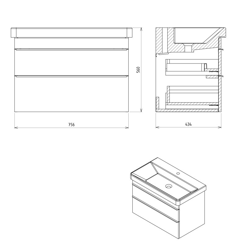 Sapho SITIA umývadlová skrinka 75,6x50x43,4cm, 2x zásuvka, dub strieborný