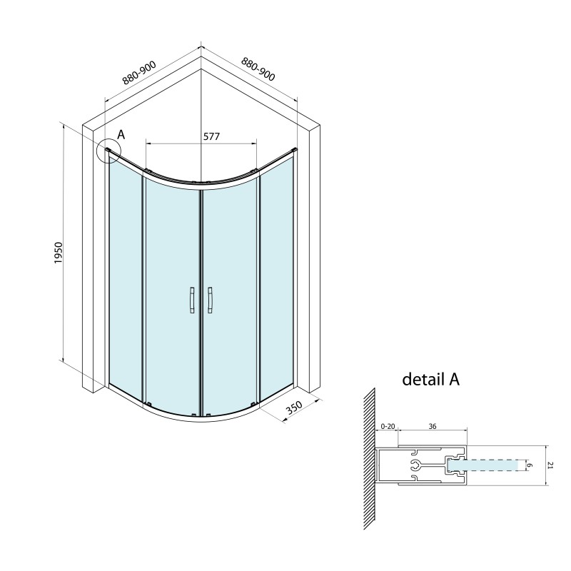 Bruckner BORG štvrťkruhová sprchová zástena 900x900x1950 mm, R550, číre sklo
