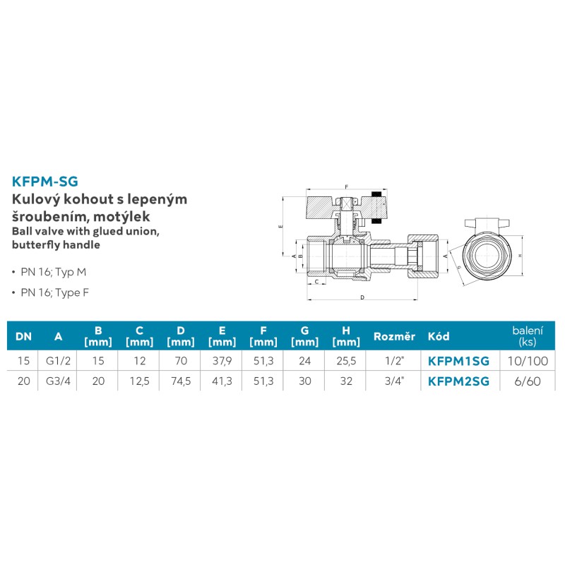 NOVASERVIS Guľový ventil s lepeným pripojením, motýlik MM 3/4" KFPM2SG