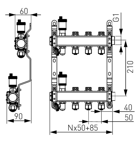 NOVASERVIS Rozdeľovač nerez s regulačnými mechanickými ventilmi 9okruhy SN-RO09S