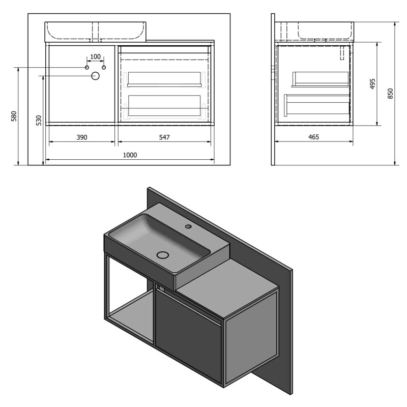 Sapho SKARA umyvadlová skříňka 100x49,5x46,5cm, černá mat/bílá mat