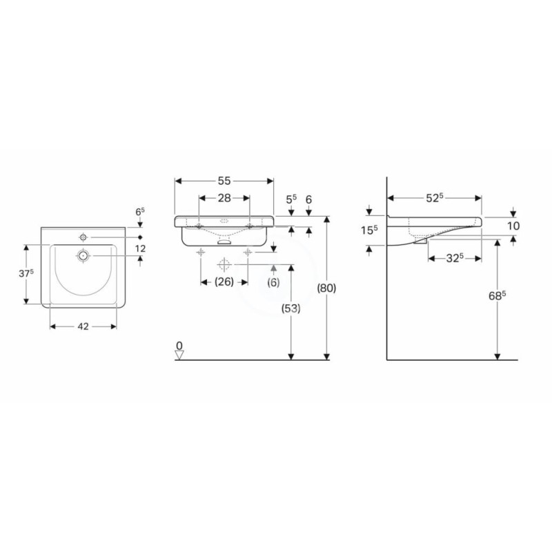 Geberit Umývadlo Square, 550x525 mm, bezbariérové, s 1 otvorom na batériu, s prepadom, biela 500.785.00.7