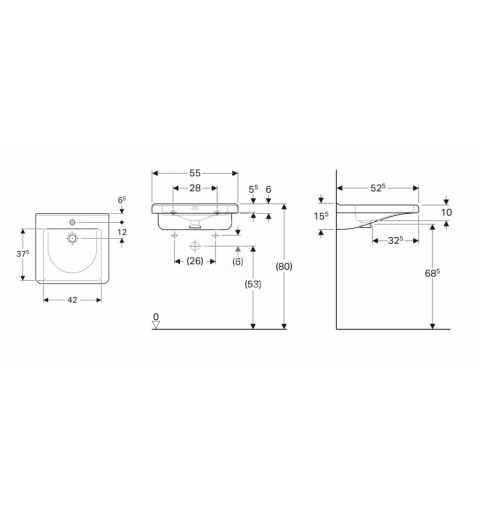 Geberit Umývadlo Square, 550x525 mm, bezbariérové, s 1 otvorom na batériu, s prepadom, biela 500.785.00.7