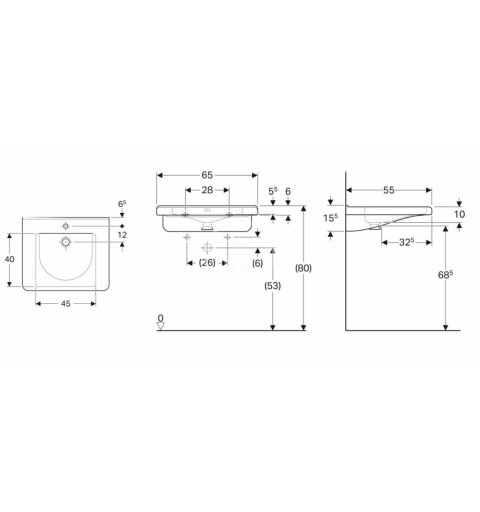 Geberit Umývadlo Square, 650x550 mm, bezbariérové, s 1 otvorom na batériu, s prepadom, biela 500.788.01.7