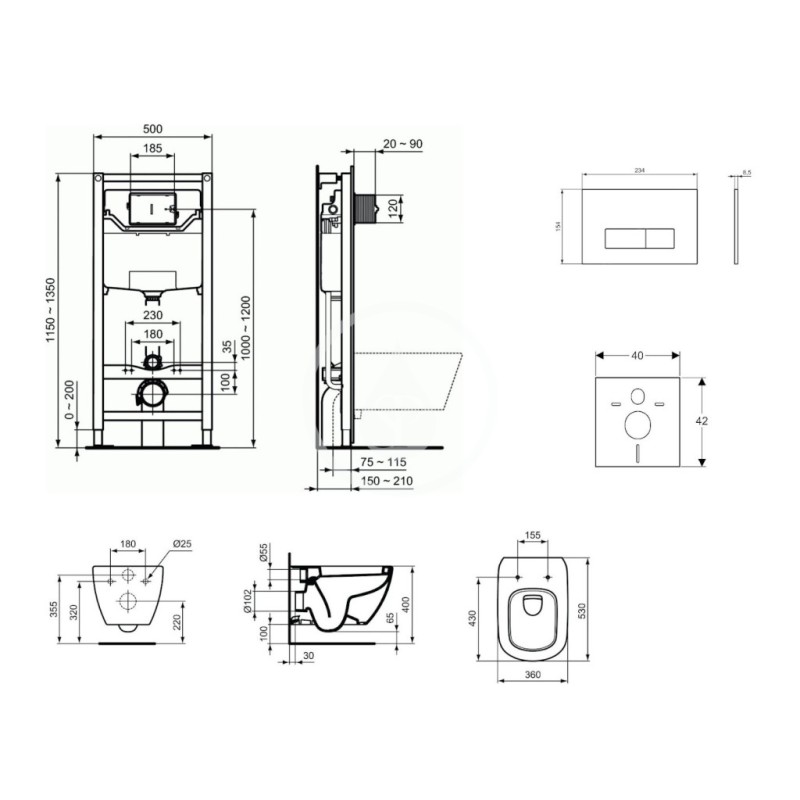Ideal Standard Set predstenovej inštalácie, klozetu a sedadla Tesi, tlačidla Oleas M2, chróm mat ProSys120M SP14