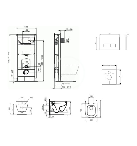 Ideal Standard Set predstenovej inštalácie, klozetu a sedadla Tesi, tlačidla Oleas M2, chróm mat ProSys120M SP14
