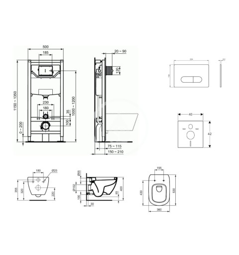 Ideal Standard Set predstenovej inštalácie, klozetu a sedadla Tesi, tlačidla Oleas M1, biela ProSys120M SP16