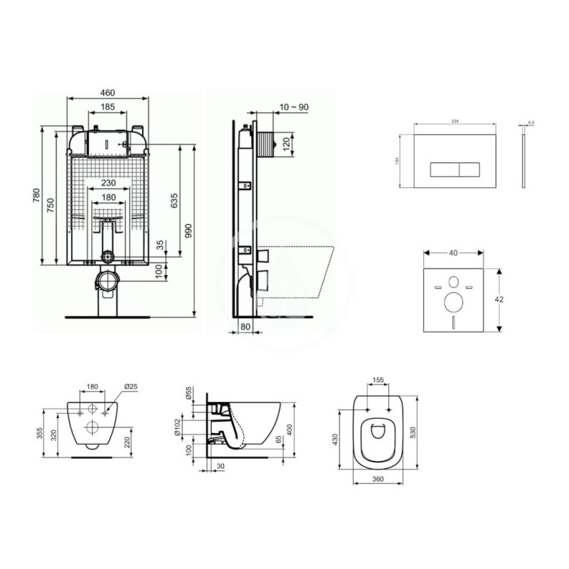 Ideal Standard Set predstenovej inštalácie, klozetu a sedadla Tesi, tlačidla Oleas M2, Aquablade, SoftClose, chróm ProSys80M
