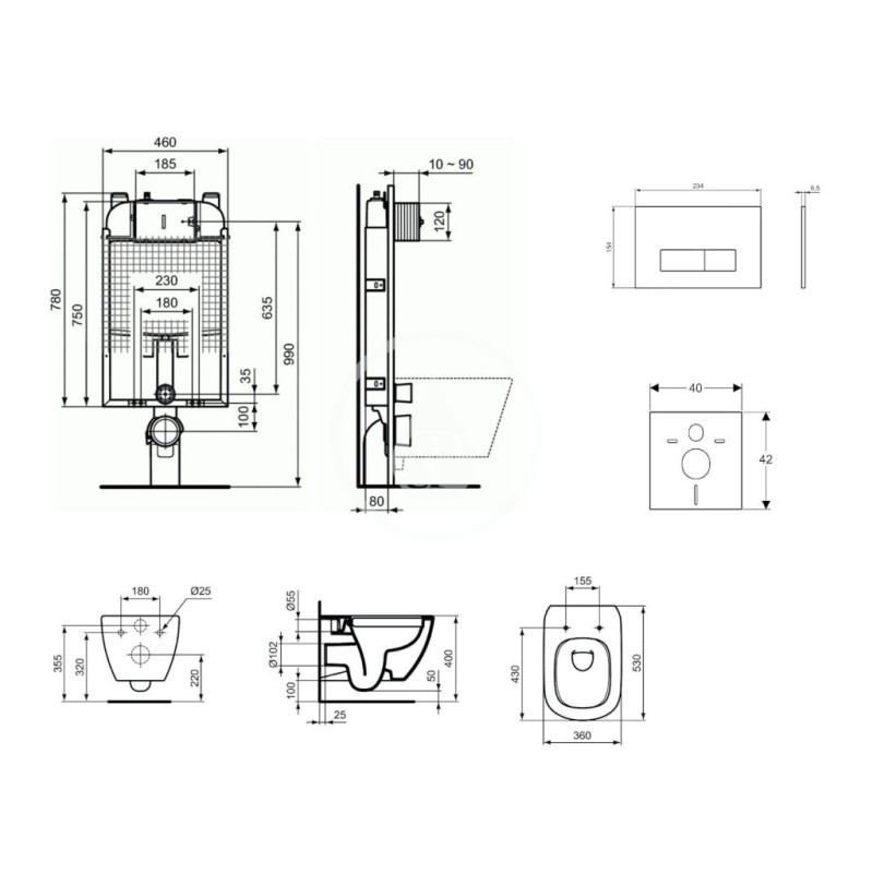 Ideal Standard Set predstenovej inštalácie, klozetu a sedadla Tesi, tlačidla Oleas M2, Rimless, SoftClose, chróm mat ProSys8