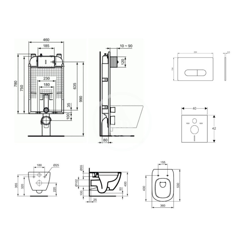 Ideal Standard Set predstenovej inštalácie, klozetu a sedadla Tesi, tlačidla Oleas M1, Rimless, SoftClose, biela ProSys80M SP