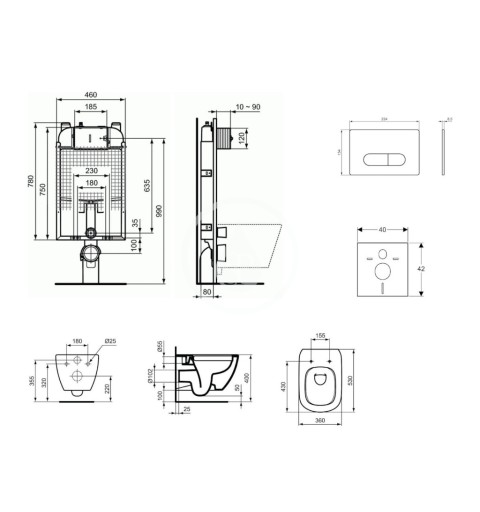 Ideal Standard Set predstenovej inštalácie, klozetu a sedadla Tesi, tlačidla Oleas M1, Rimless, SoftClose, biela ProSys80M SP
