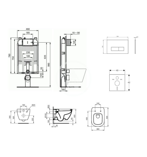 Ideal Standard Set predstenovej inštalácie, klozetu a dosky Tesi, tlačidla Oleas M2, biela ProSys80M SP85