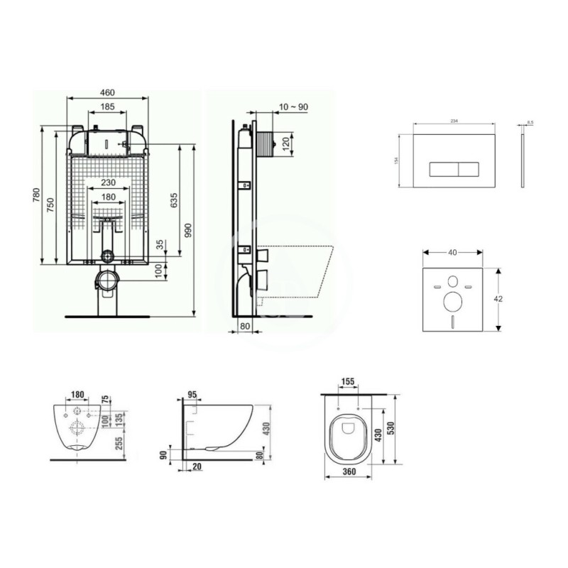 Ideal Standard Set predstenovej inštalácie, klozetu a sedadla Mio, tlačidla Oleas M2, Rimless, Slowclose, Antibak, biela ProS