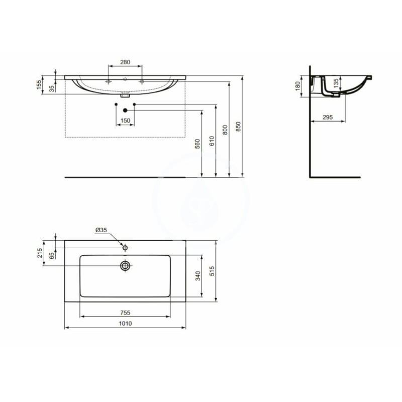 Ideal Standard Umývadlo nábytkové 101x52 cm, s prepadom, otvor na batériu, biela T460301