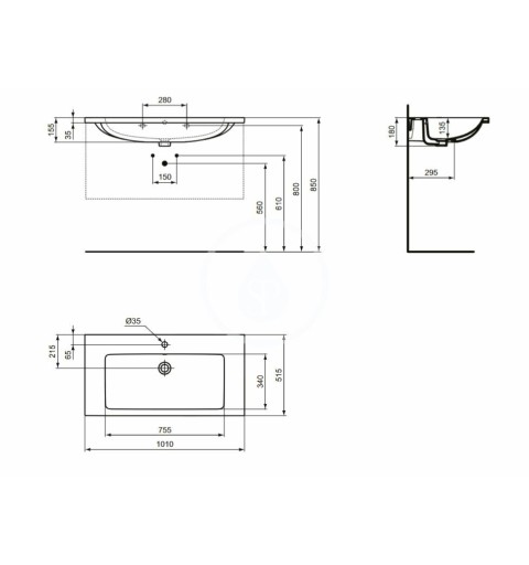 Ideal Standard Umývadlo nábytkové 101x52 cm, s prepadom, otvor na batériu, biela T460301
